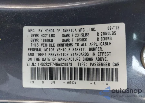 2016 Honda Accord Ex из США, поврежденный, VIN 1HGCR2F74GA020079